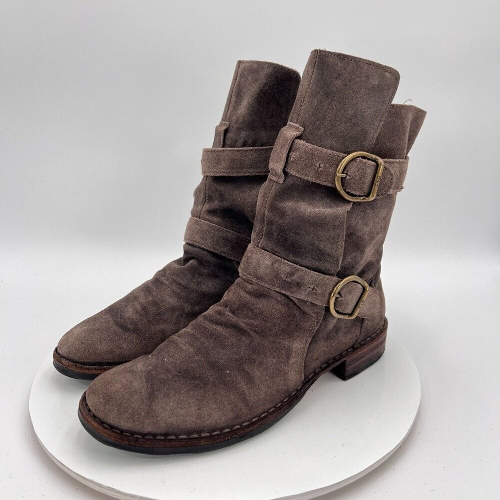 Suede Brown Ankle Boots with Buckle Straps
